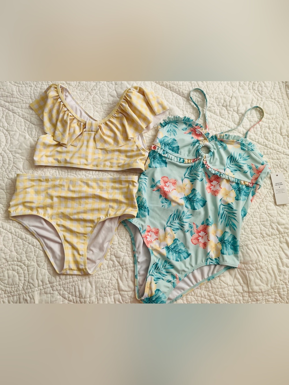 Two New Janie and Jack Yellow Gingham 2 piece and Aqua Tropical One Piece Swim